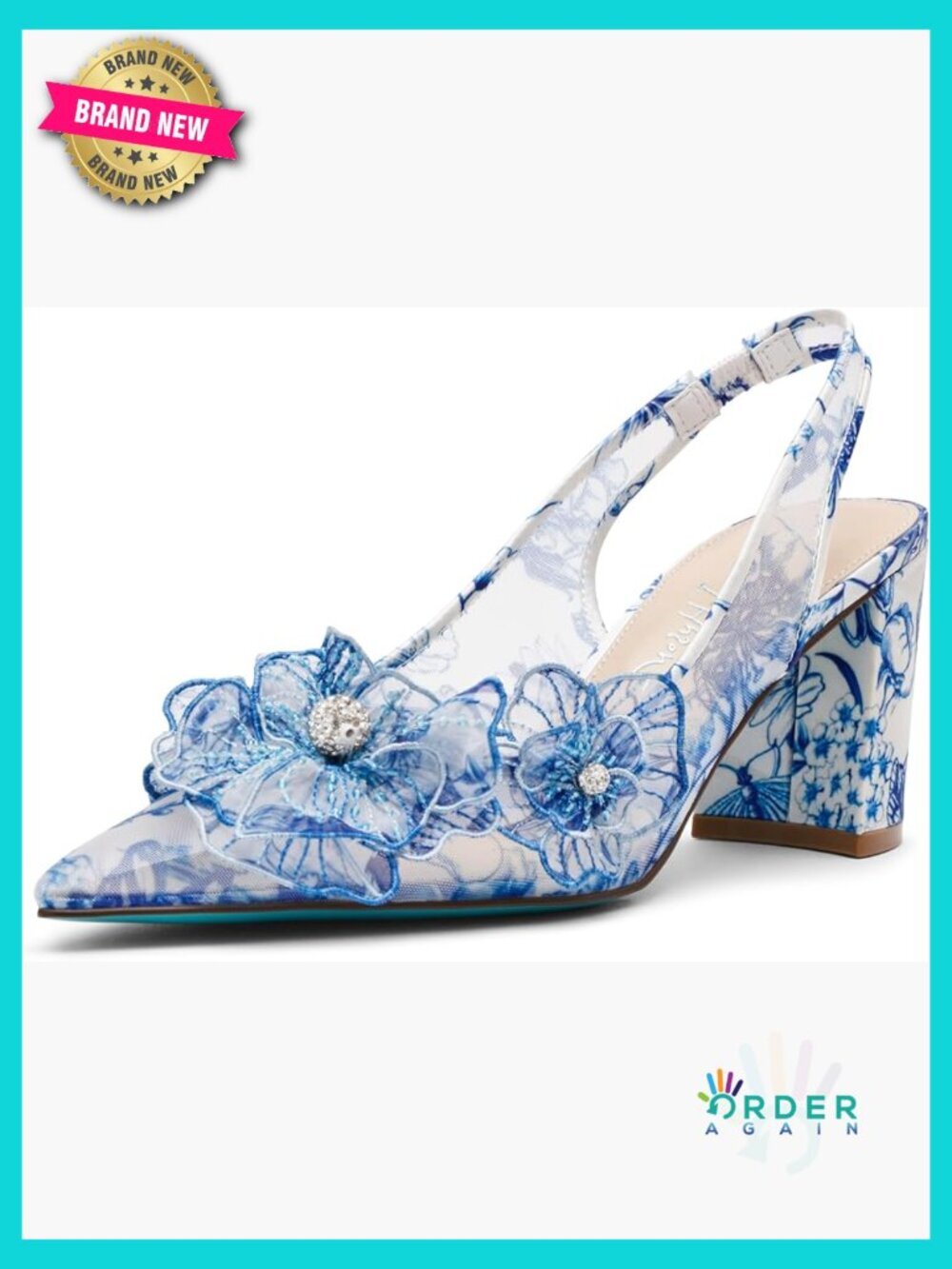 Slingback Pump with Floral Applique Pointed Toe Block Heel 3 Inch Heel